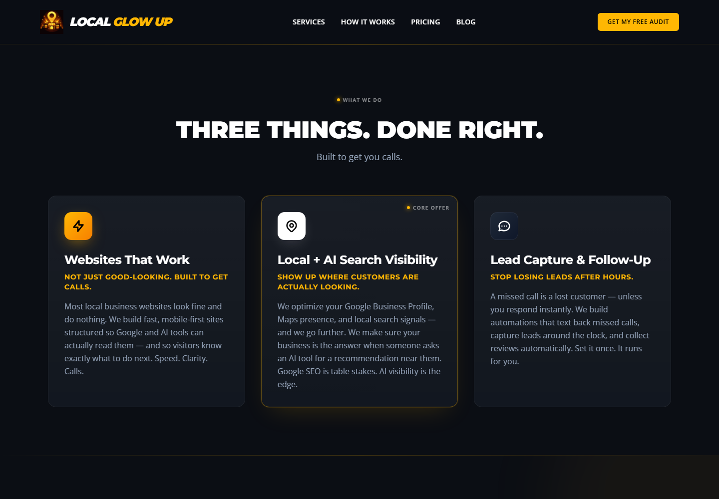 Local Glow Up services page with website, local search, and lead follow-up offerings