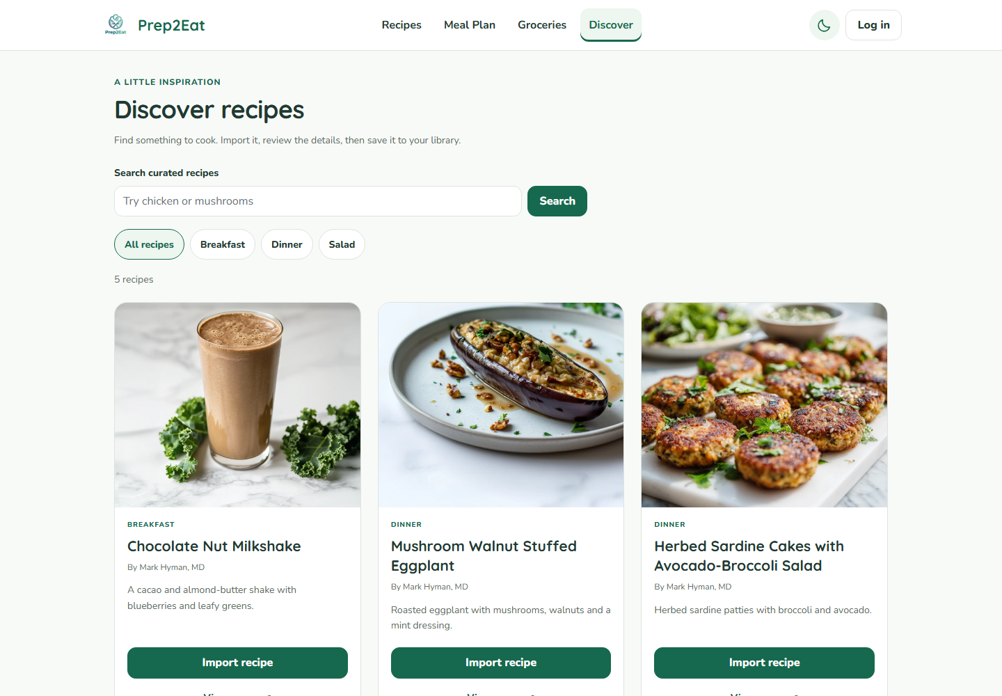 Prep2Eat recipe discovery page with five curated recipes